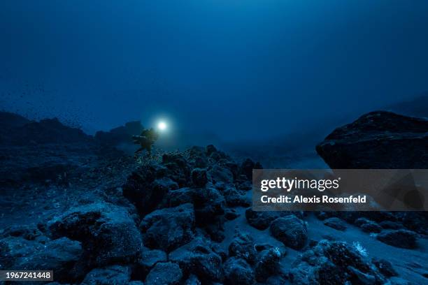 Scientific diver explore the depths 100 meters under the Stromboli on OCTOBER 25 in the Aeolian islands archipelago, Mediterranean Sea. Mount...