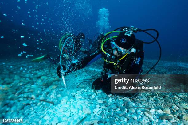 Scientists of Freiberg University under the Panarea volcanic island on September 10 in the Aeolian islands archipelago, Mediterranean Sea. The...