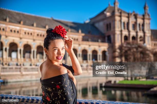 beautiful flamenco woman in seville. spain - seville fair stock pictures, royalty-free photos & images