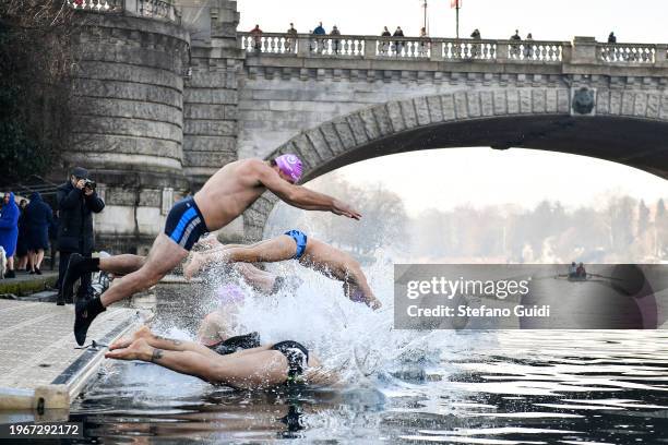 The "Polar Bears" dive into the icy waters of the Pò river during the Turin's 123rd Winter River Plunge on January 28, 2024 in Turin, Italy. The...