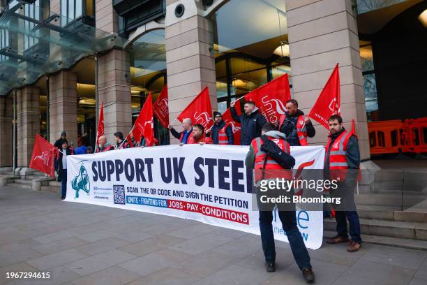 Protesters from the steel industry demonstrate outside Portcullis House as executives from Tata Steel Ltd. Give evidence in a parliamentary select...