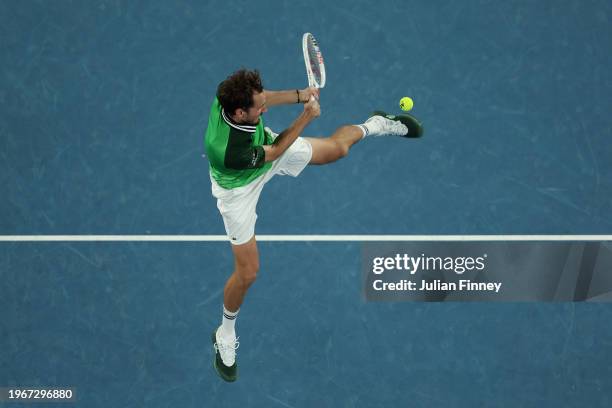 Daniil Medvedev plays a backhand during their Men's Singles Final match against Jannik Sinner of Italy during the 2024 Australian Open at Melbourne...