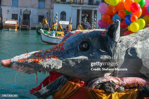 The mouse "Pantegana" docks after the regatta on January 28, 2024 in Venice, Italy. The Venice Carnival began on Jan. 27 and will end on Feb. 13 and...