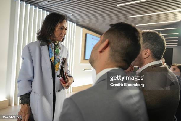 Ana Botin, chairman of Banco Santander SA, speaks to journalists following a full year earnings news conference in Boadilla del Monte, Spain, on...