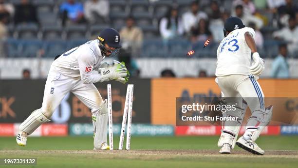 England wicketkeeper Ben Foakes stumps India batsman Mohammed Siraj off the bowling of Tom Hartley for the final wicket during day four of the 1st...