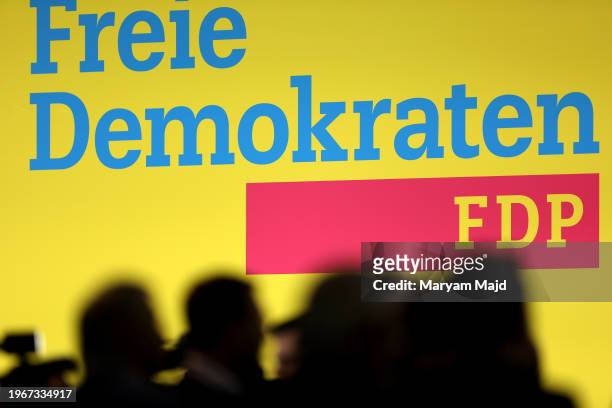 General view of the screen on the stage at the FDP party congress ahead of EU elections on January 28, 2024 in Berlin, Germany. European Union member...