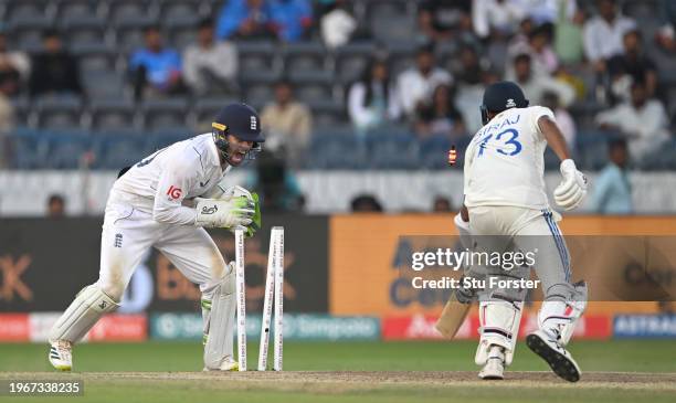 England wicketkeeper Ben Foakes stumps India batsman Mohammed Siraj off the bowling of Tom Hartley for the final wicket during day four of the 1st...