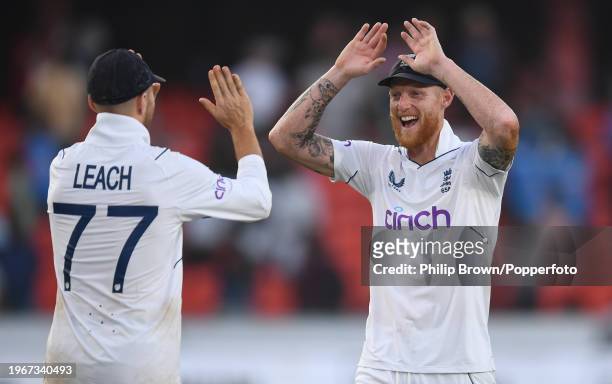 Ben Stokes and Jack Leach celebrate after England won the 1st Test Match between India and England by 28 runs at Rajiv Gandhi International Stadium...