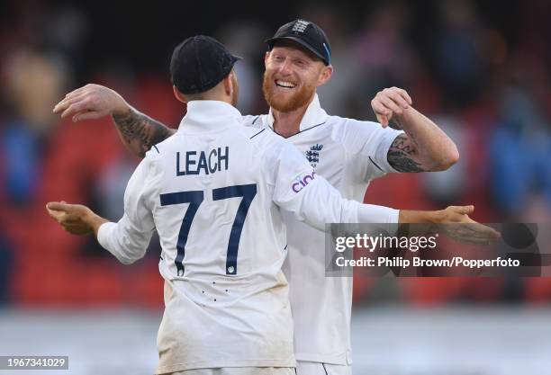 Ben Stokes hugs Jack Leach after England won the 1st Test Match between India and England by 28 runs at Rajiv Gandhi International Stadium on January...