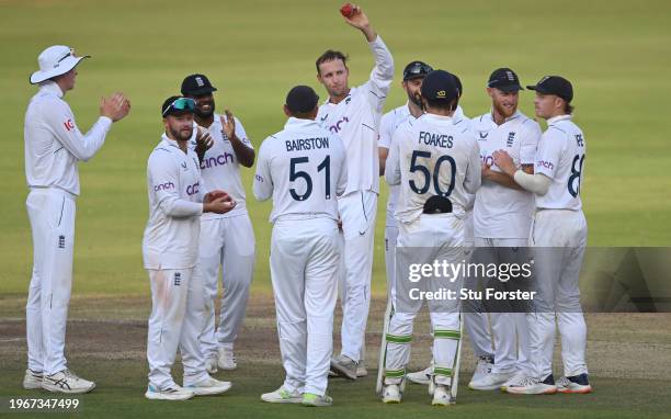 England bowler Tom Hartley celebrates after taking his 5th wicket of the innings during day four of the 1st Test Match between India and England at...
