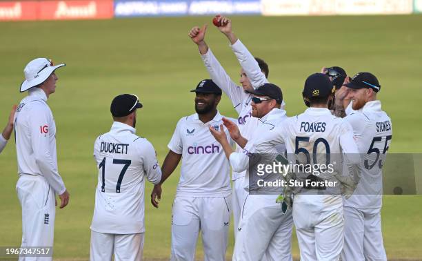 England bowler Tom Hartley celebrates after taking his 5th wicket of the innings during day four of the 1st Test Match between India and England at...