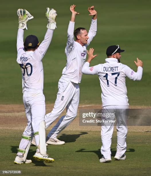 England bowler Tom Hartley celebrates a wicket during day four of the 1st Test Match between India and England at Rajiv Gandhi International Stadium...