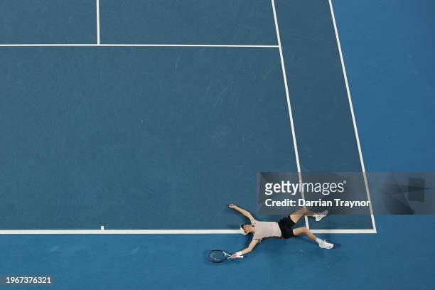 Jannik Sinner of Italy celebrates winning championship point in their Men's Singles Final match against Daniil Medvedev during the 2024 Australian...