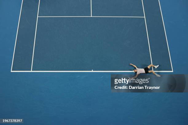 Jannik Sinner of Italy celebrates winning championship point in their Men's Singles Final match against Daniil Medvedev during the 2024 Australian...