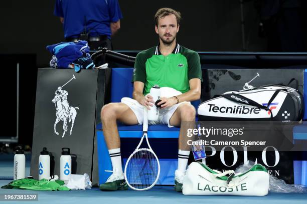 Daniil Medvedev cools down after their Men's Singles Final match against Jannik Sinner of Italy during the 2024 Australian Open at Melbourne Park on...