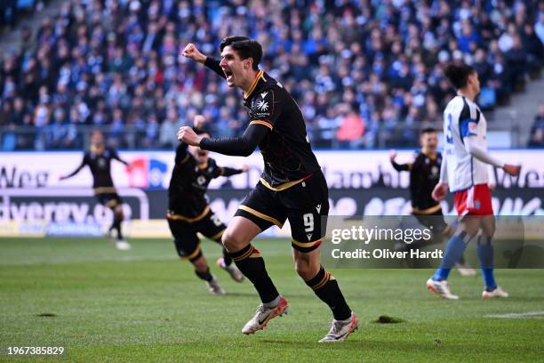 Igor Matanovic of Karlsruher SC celebrates scoring his team's first goal during the Second Bundesliga match between Hamburger SV and Karlsruher SC at...