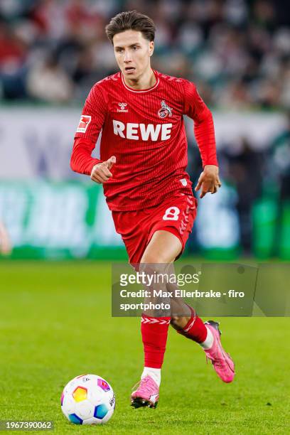 Denis Huseinbasic of 1. FC Köln plays the ball during the Bundesliga match between VfL Wolfsburg and 1. FC Köln at Volkswagen Arena on January 27,...