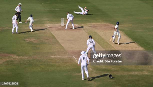 England captain Ben Stokes throws the ball to run out India batsman Ravindra Jadeja during day four of the 1st Test Match between India and England...