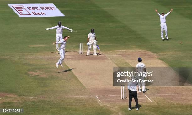 England bowler Tom Hartley celebrates after he had taken the wicket of India batsman Rohit Sharma during day four of the 1st Test Match between India...