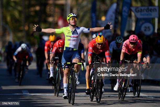 Gerben Thijssen of Belgium and Team Intermarché - Wanty celebrates at finish line as race winner ahead of Alexander Kristoff of Norway and Uno-X Pro...