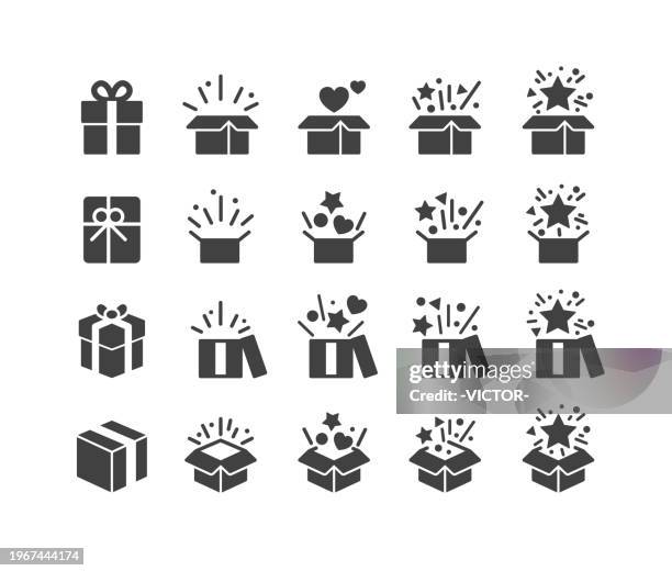 gift and surprise icons - classic series - opening parcel stock illustrations