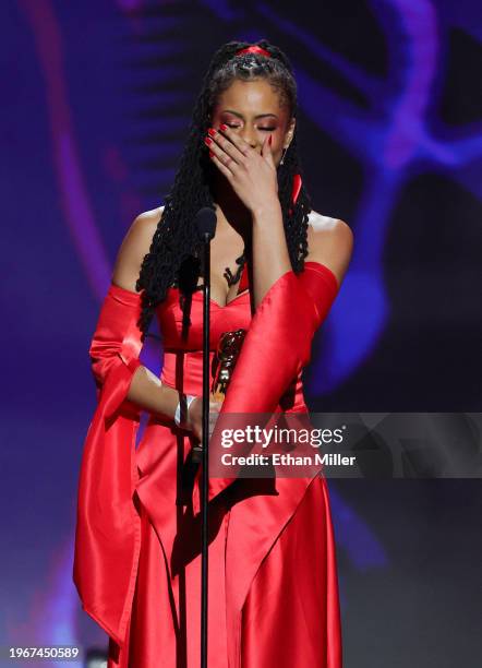 Kira Noir reacts as she accepts the Best Leading Actress award during the 2024 Adult Video News Awards at Resorts World Las Vegas on January 27, 2024...