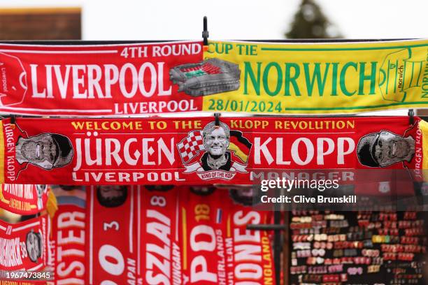 Detailed view of a merchandise stall after Juergen Klopp, Manager of Liverpool, announces his planned departure from the club following the...