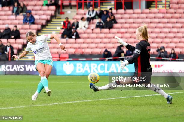 Katie Wilkinson of Southampton FC scores her team's first goal during the Barclays FA Women's Championship match between Sheffield Untied and...