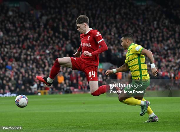 Conor Bradley of Liverpool in action during the Emirates FA Cup Fourth Round match between Liverpool and Norwich City at Anfield on January 28, 2024...