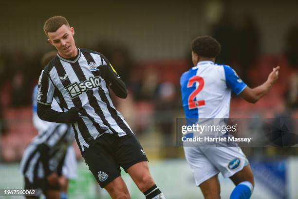 Josh Scott of Newcastle United celebrates scoring an equalising goal during the Premier League 2 match between Blackburn Rovers U21 and Newcastle...