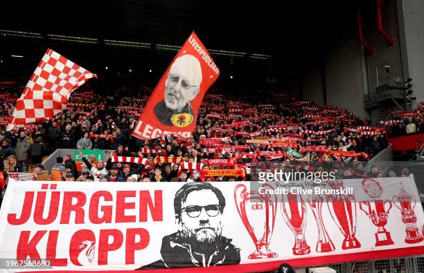 Fans show appreciation to Juergen Klopp, Manager of Liverpool in the stands prior to the Emirates FA Cup Fourth Round match between Liverpool and...