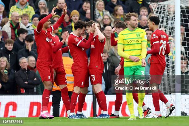 Curtis Jones of Liverpool celebrates with James McConnell of Liverpool after scoring his team's first goal during the Emirates FA Cup Fourth Round...