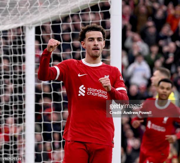 Curtis Jones of Liverpool celebrates after scoring the opening goal during the Emirates FA Cup Fourth Round match between Liverpool and Norwich City...