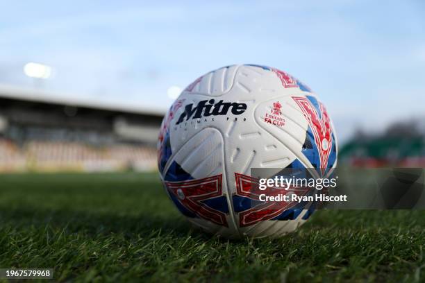 Detailed view of the Mitre Ultimax Pro, official match ball of the Emirates FA Cup, seen prior to the Emirates FA Cup Fourth Round match between...