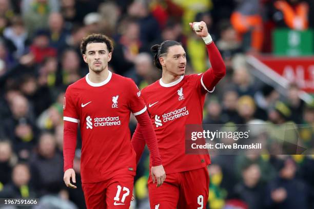 Darwin Nunez of Liverpool celebrates scoring his team's second goal during the Emirates FA Cup Fourth Round match between Liverpool and Norwich City...