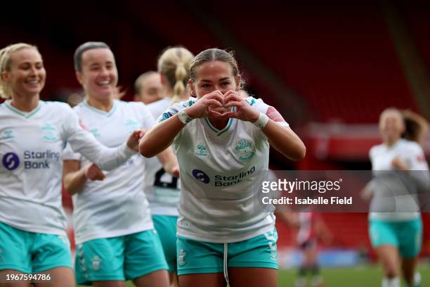 Katie Wilkinson of Southampton celebrates scoring the opening goal during the Barclays FA Women's Championship match between Sheffield United and...
