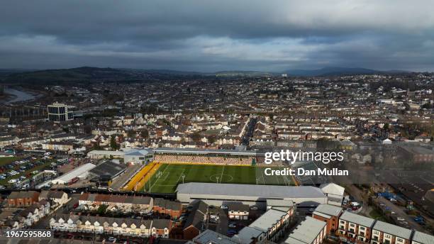 An aerial view of the stadium prior to the Emirates FA Cup Fourth Round match between Newport County and Manchester United at Rodney Parade on...