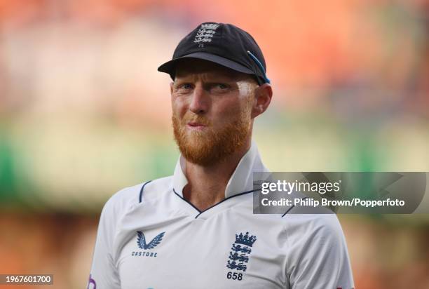 Ben Stokes of England looks on during day four of the 1st Test Match between India and England at Rajiv Gandhi International Stadium on January 28,...