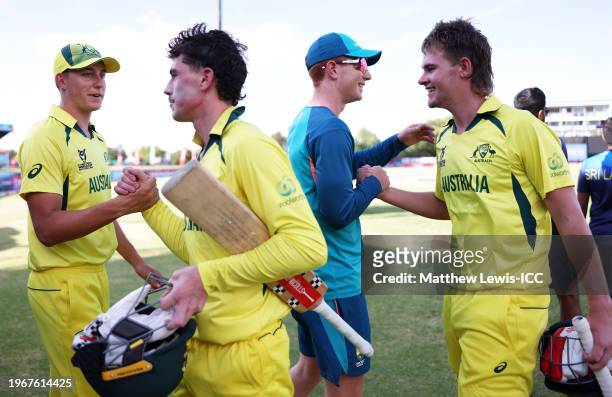 Tom Campbell and Ryan Hicks of Australia celebrates following the ICC U19 Men's Cricket World Cup South Africa 2024 match between Australia and Sri...