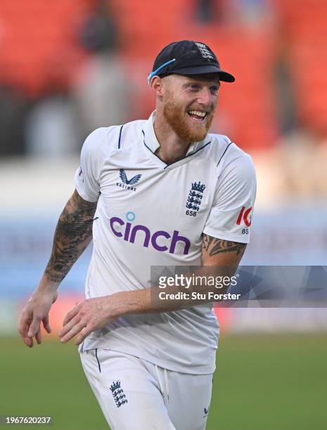 England captain Ben Stokes smiles after day four of the 1st Test Match between India and England at Rajiv Gandhi International Stadium on January 28,...