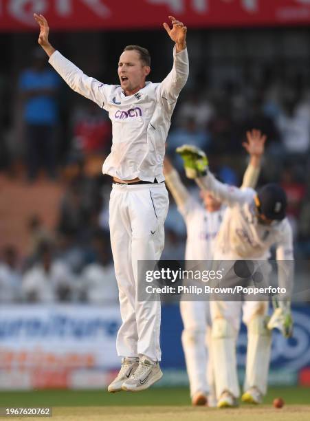 Tom Hartley of England appeals during day four of the 1st Test Match between India and England at Rajiv Gandhi International Stadium on January 28,...