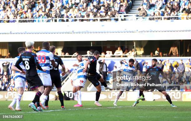 Kenneth Paal of Queens Park Rangers scores his team's first goal during the Sky Bet Championship match between Queens Park Rangers and Huddersfield...