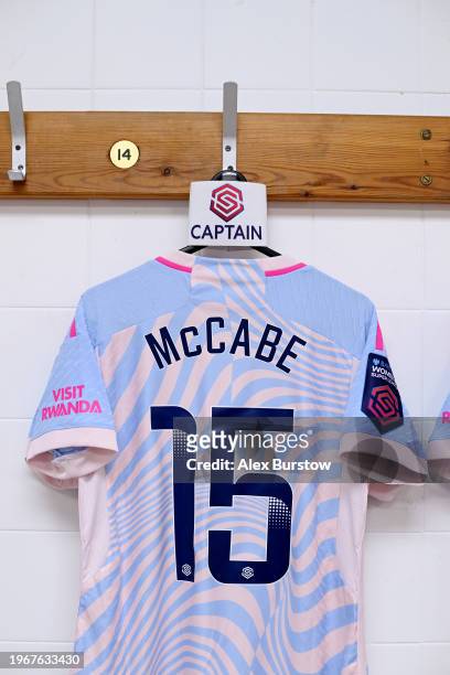 The shirt and Captain's armband of Katie McCabe is displayed inside the Arsenal dressing room prior to the Barclays Women's Super League match...