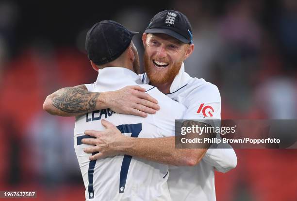 Ben Stokes hugs Jack Leach after England won the 1st Test Match between India and England by 28 runs at Rajiv Gandhi International Stadium on January...