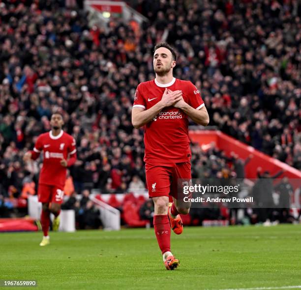 Diogo Jota of Liverpool celebrates after scoring the third goal during the Emirates FA Cup Fourth Round match between Liverpool and Norwich City at...