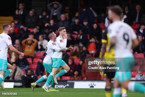 Stuart Armstrong of Southampton celebrates with Carlos Alcaraz of Southampton after scoring his team's first goal during the Emirates FA Cup Fourth...