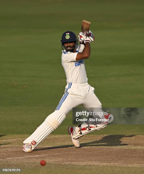 India batsman Srikar Bharat cuts a ball during day four of the 1st Test Match between India and England at Rajiv Gandhi International Stadium on...