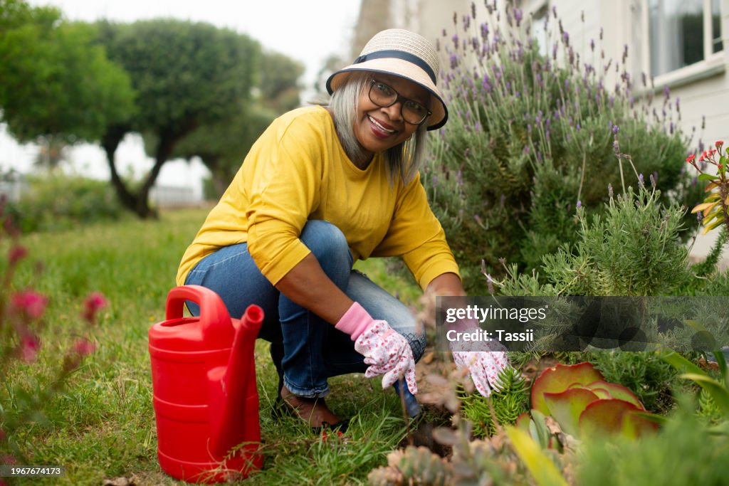 Senior, mujer y retrato para jardinería en jardín con felicidad para la agricultura, la sostenibilidad y la jubilación. Anciano, persona y sombrero en el patio trasero con guantes para flores, hojas y horticultura