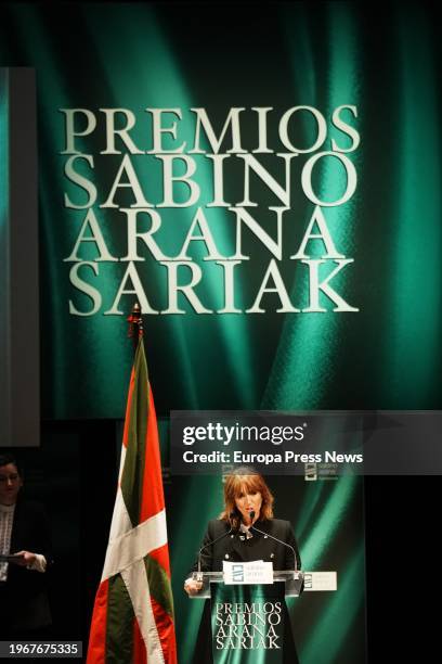 The ambassador of the Laboral Kutxa-Fundacion Euskadi women's team, Joane Somarriba, speaks during the gala of the Sabino Arana Awards 2023, at the...