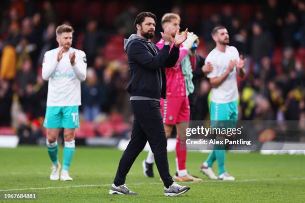 Russell Martin, Manager of Southampton, applauds the fans at full-time following the teams draw in the Emirates FA Cup Fourth Round match between...